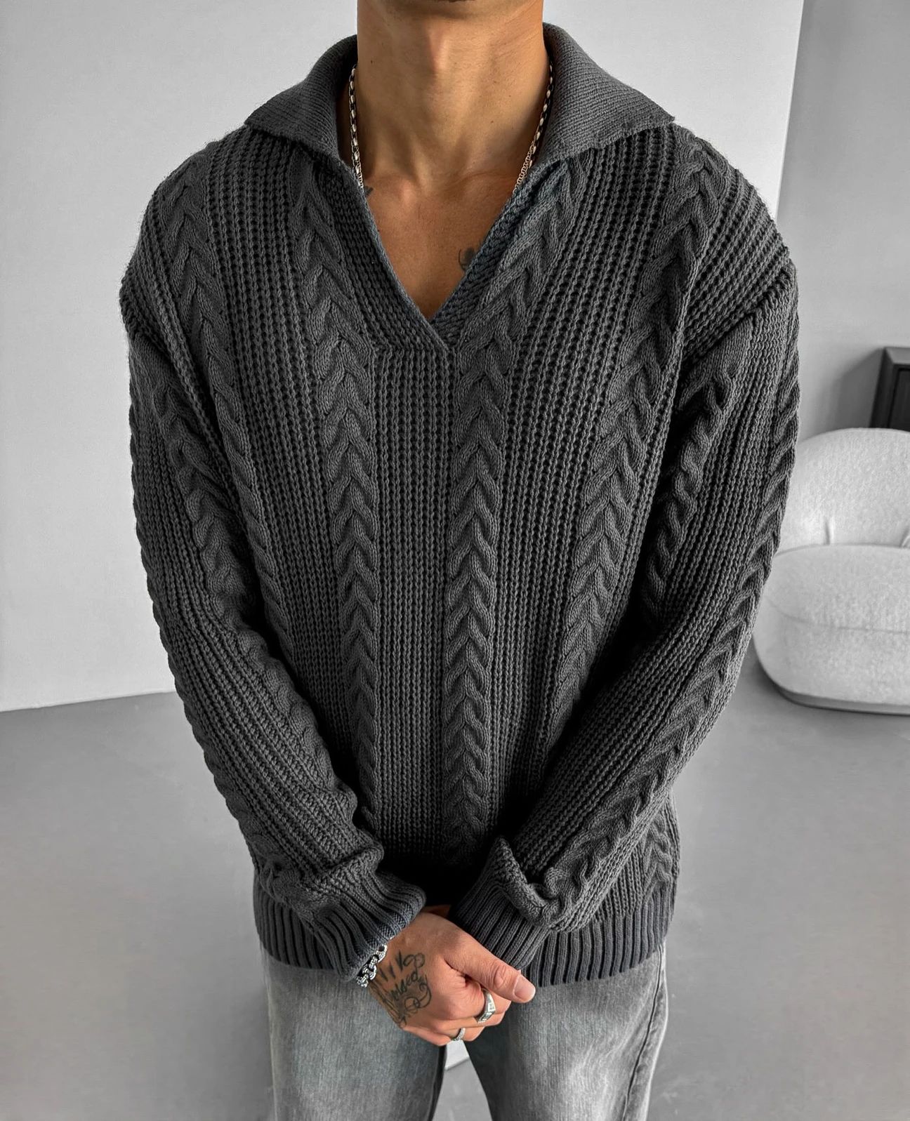 NuNu By Lagos Balık Sırtı V Yaka Erkek Koyu Gri Kazak