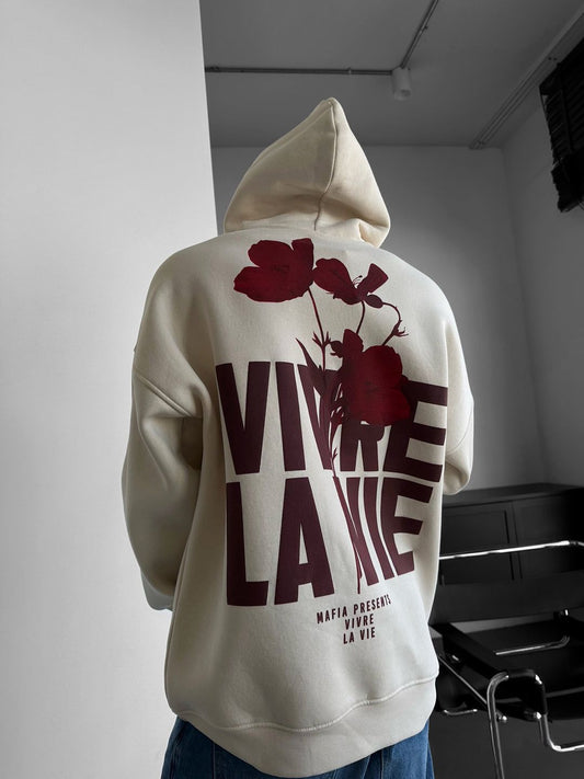 NuNu By Lagos Vivre La Vie Oversize Bej Erkek Kapüşonlu Sweatshirt