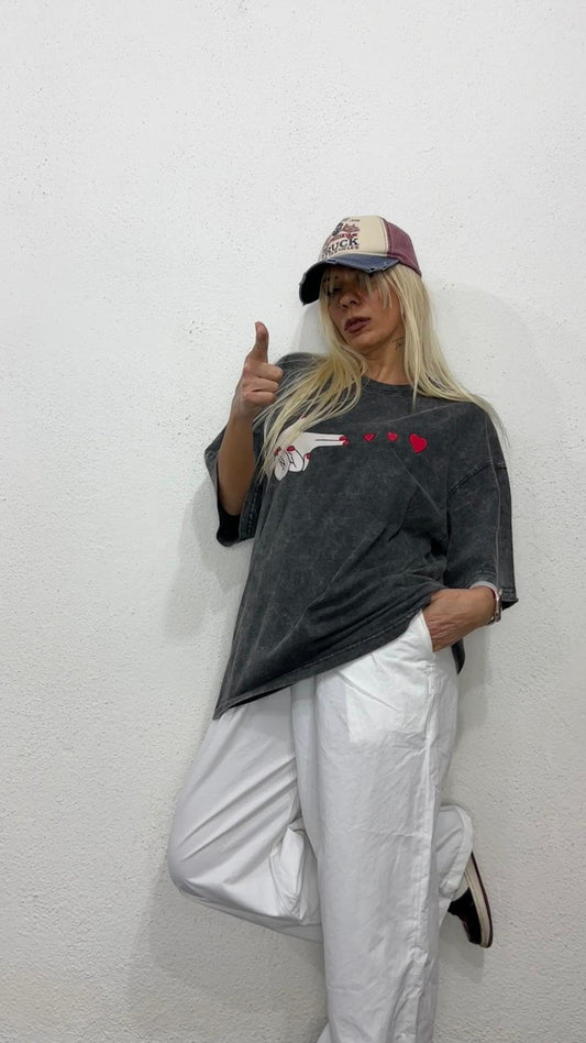 NuNu By Love Shot Antrasit Yıkama Oversize T-Shirt Standart