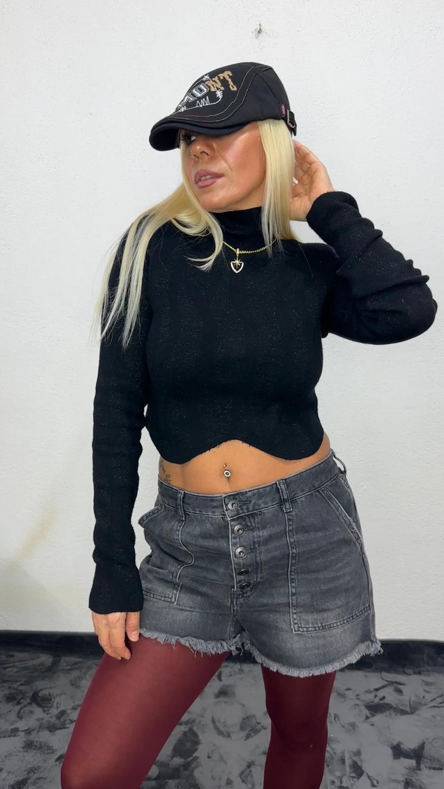 Nunu By Luxe Knit Asimetrik Siyah Simli Vatkalı Kazak