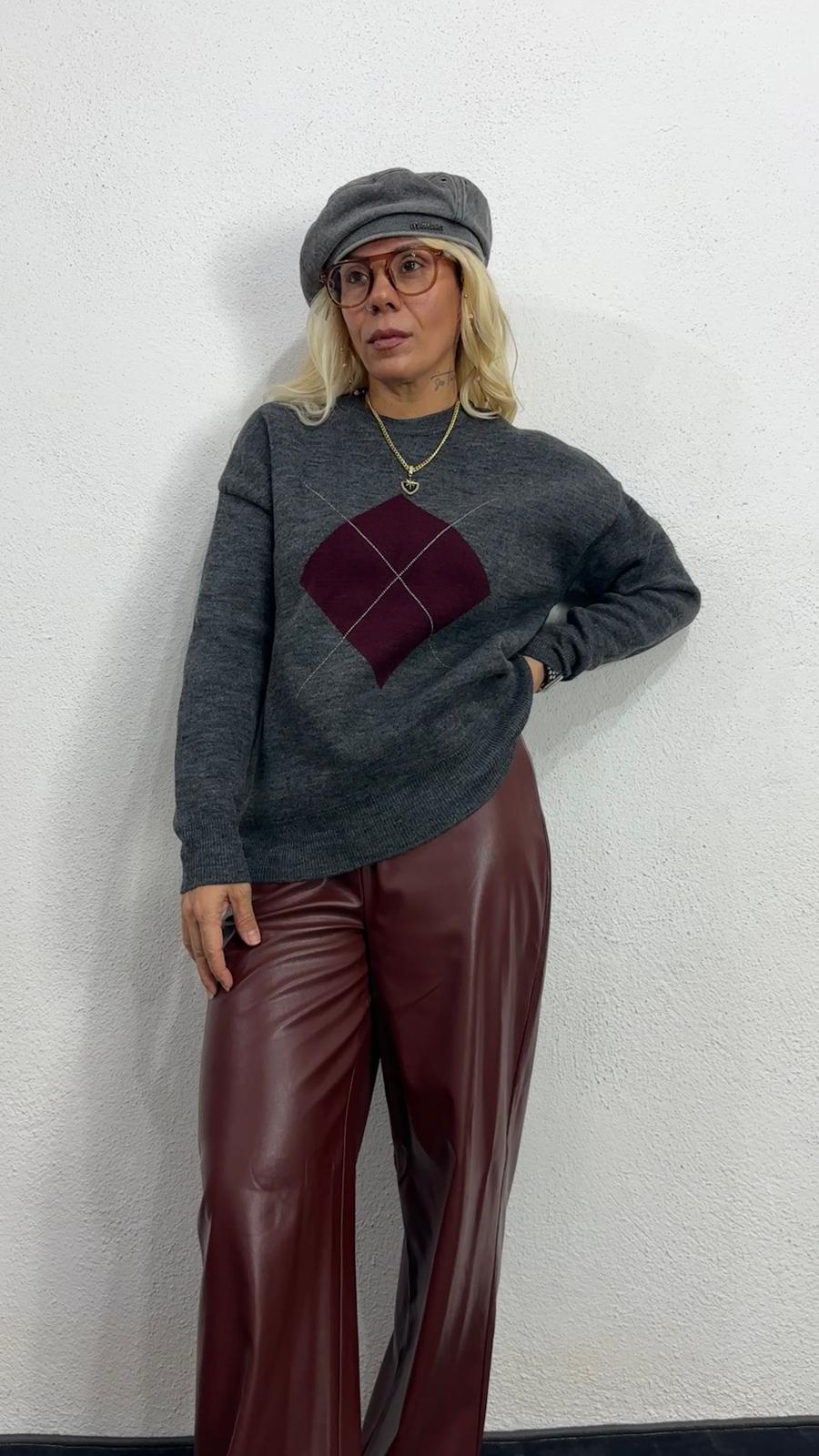 Nunu By Misty Grey Gri Bordo Baklava Desen Kazak