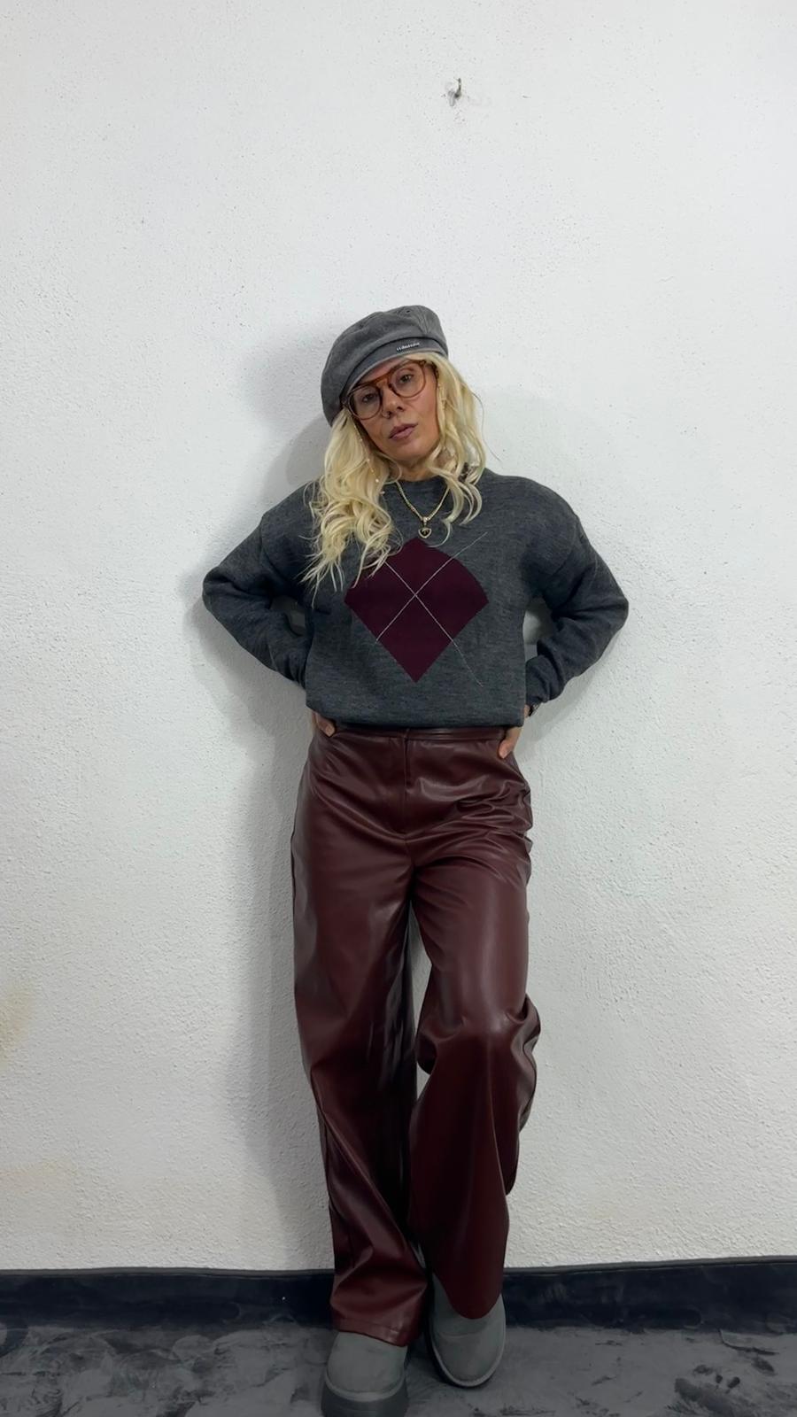 Nunu By Misty Grey Gri Bordo Baklava Desen Kazak