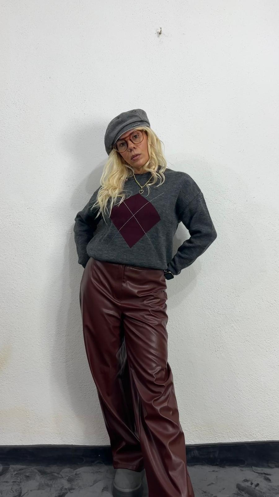 Nunu By Misty Grey Gri Bordo Baklava Desen Kazak