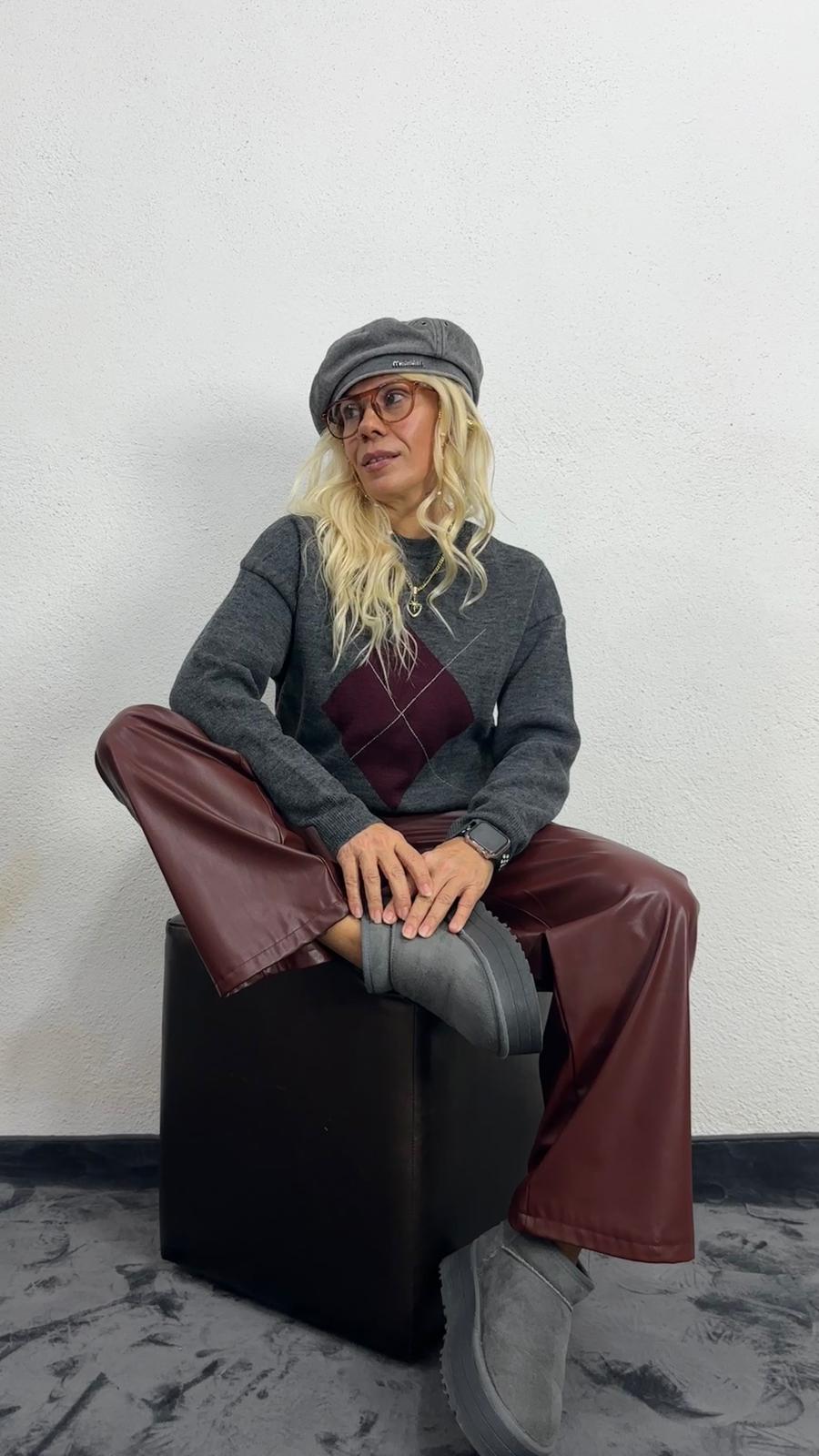 Nunu By Misty Grey Gri Bordo Baklava Desen Kazak