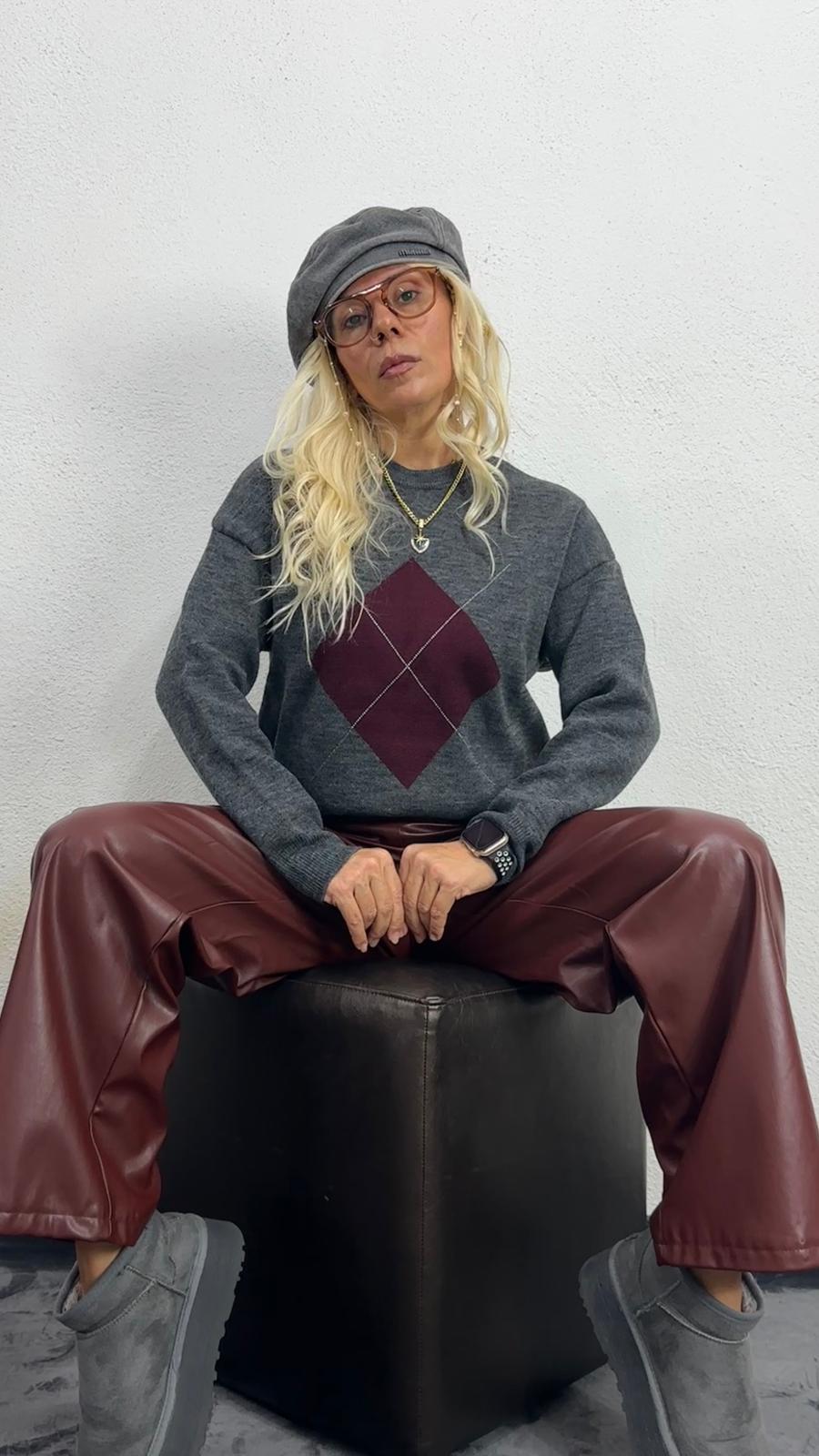 Nunu By Misty Grey Gri Bordo Baklava Desen Kazak