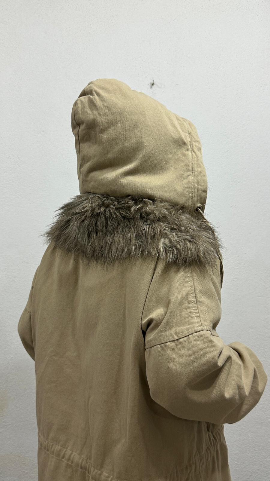 NuNu By Noir Bej Tüylü Kapüşonlu Oversize Gabardin Mont