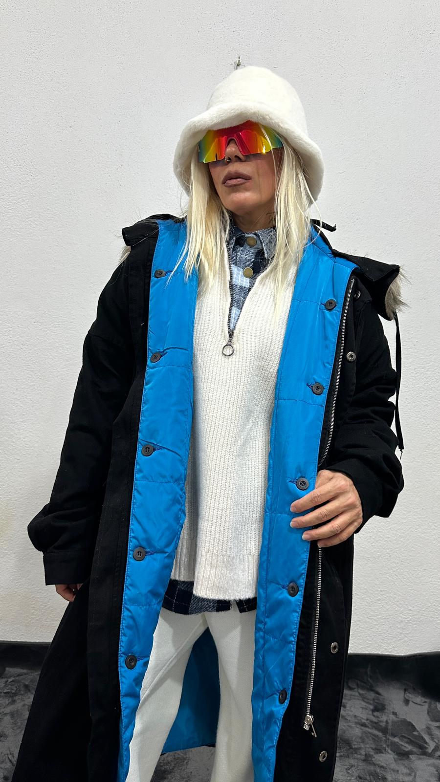 NuNu By Noir Siyah Tüylü Kapüşonlu Oversize Gabardin Mont