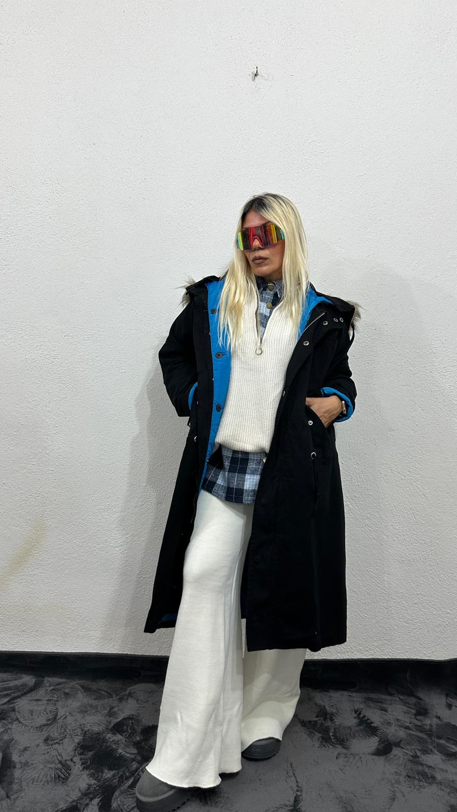 NuNu By Noir Siyah Tüylü Kapüşonlu Oversize Gabardin Mont