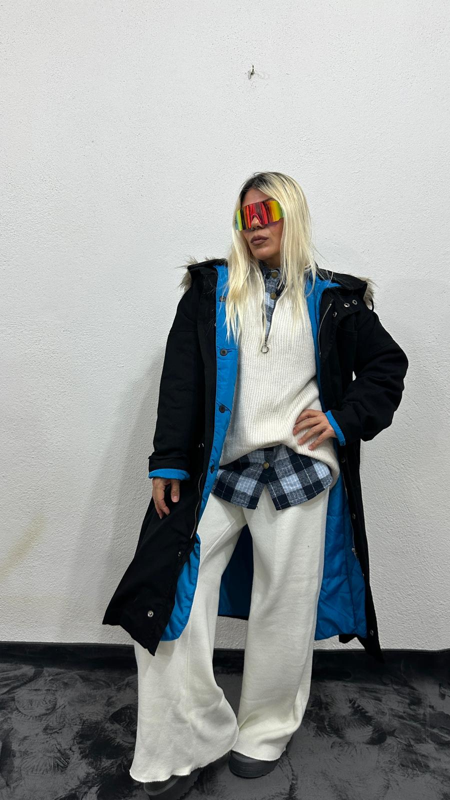 NuNu By Noir Siyah Tüylü Kapüşonlu Oversize Gabardin Mont