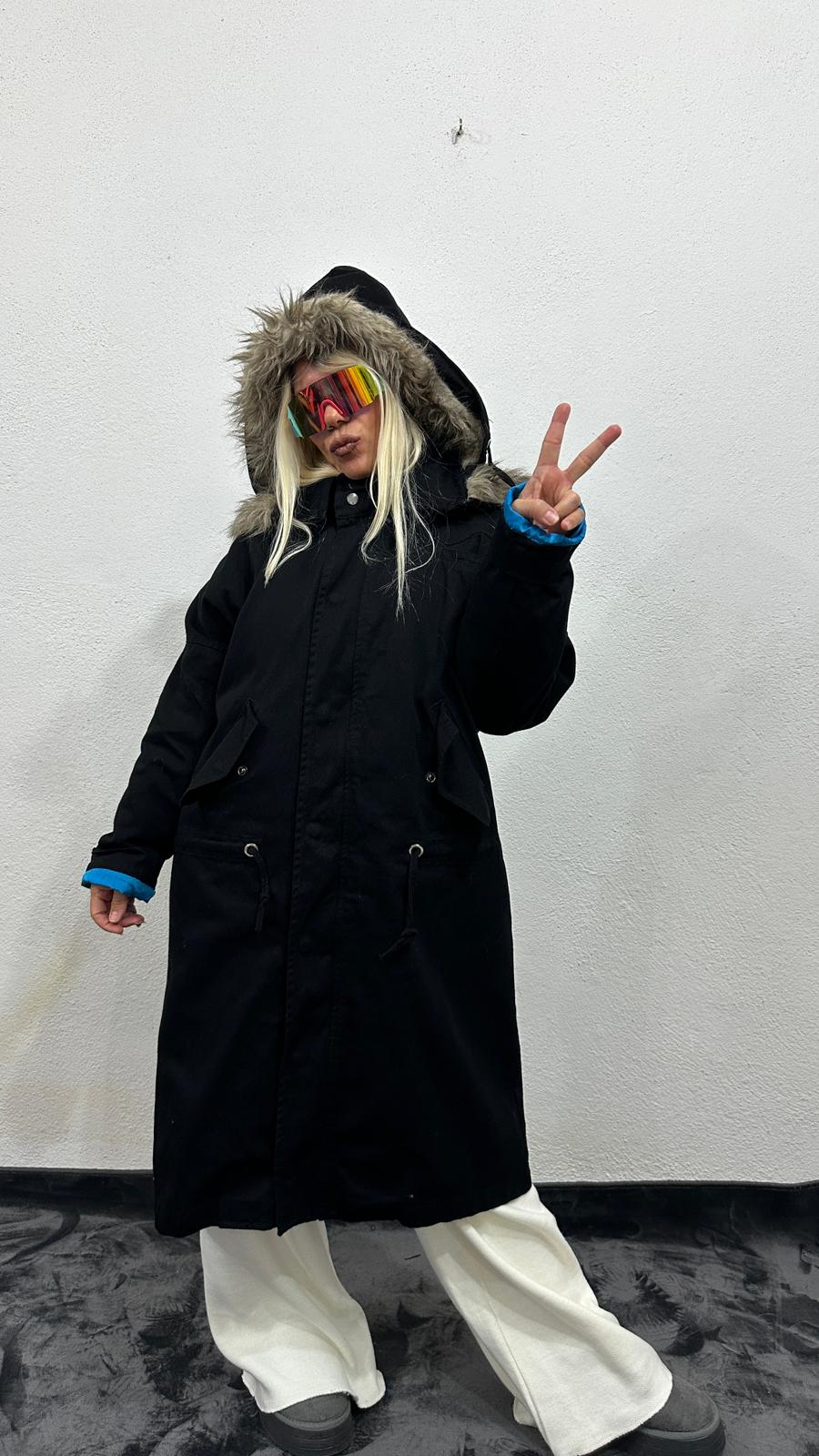 NuNu By Noir Siyah Tüylü Kapüşonlu Oversize Gabardin Mont