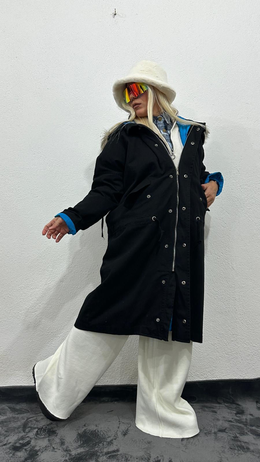 NuNu By Noir Siyah Tüylü Kapüşonlu Oversize Gabardin Mont