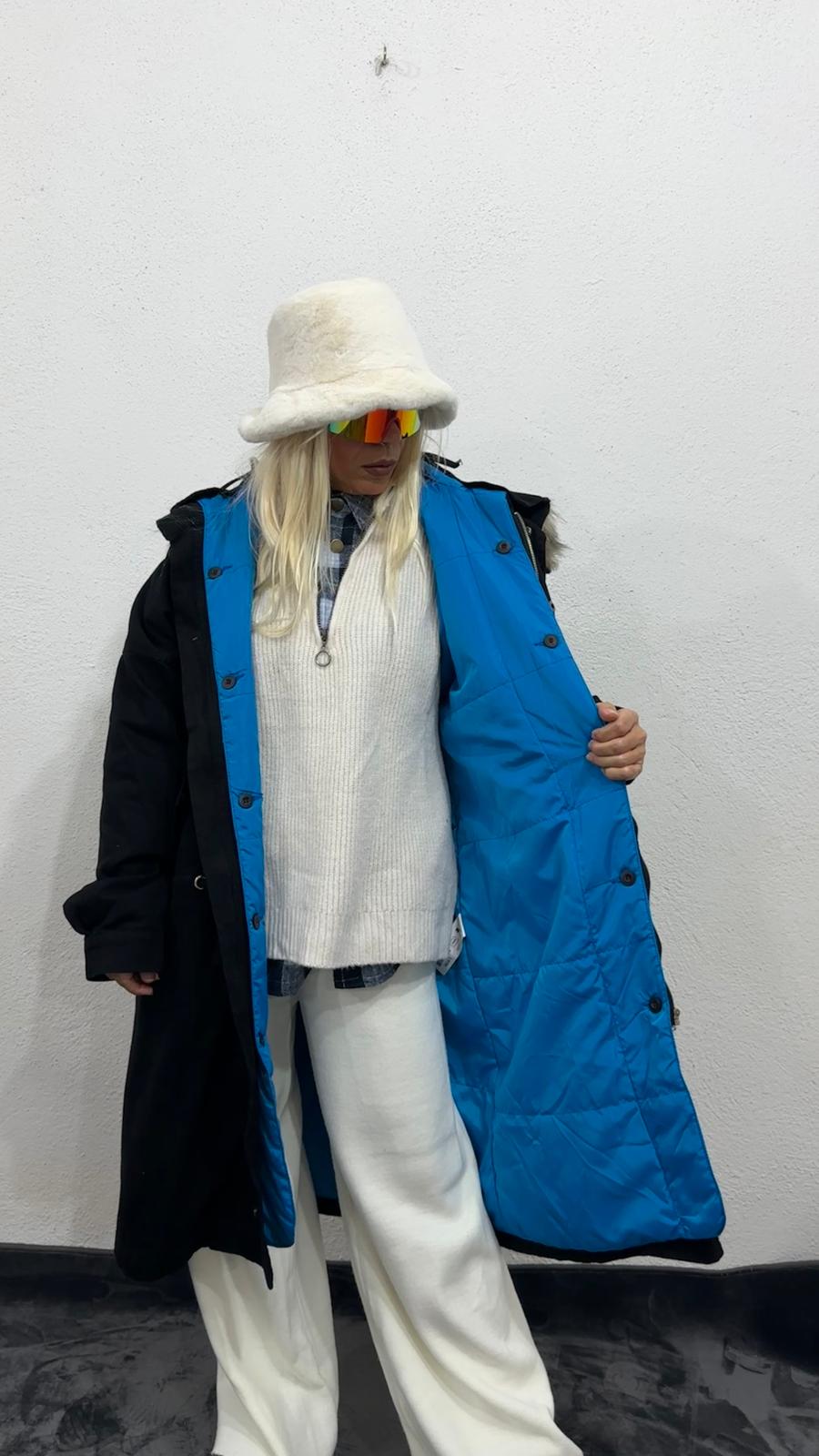 NuNu By Noir Siyah Tüylü Kapüşonlu Oversize Gabardin Mont