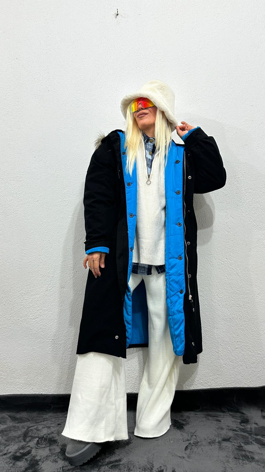 NuNu By Noir Siyah Tüylü Kapüşonlu Oversize Gabardin Mont