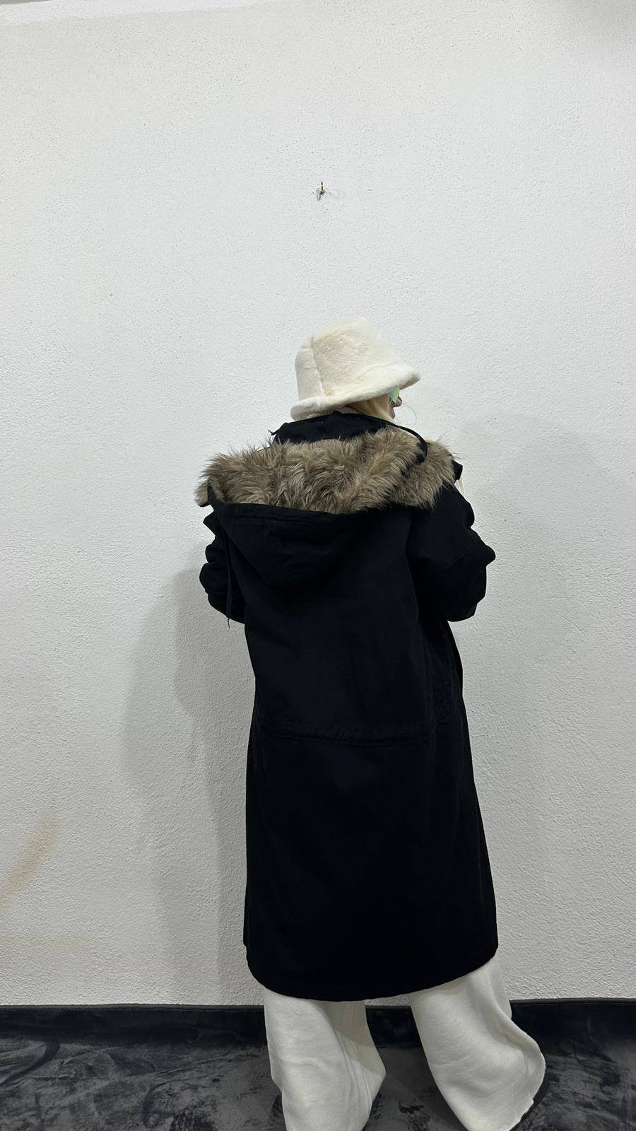 NuNu By Noir Siyah Tüylü Kapüşonlu Oversize Gabardin Mont