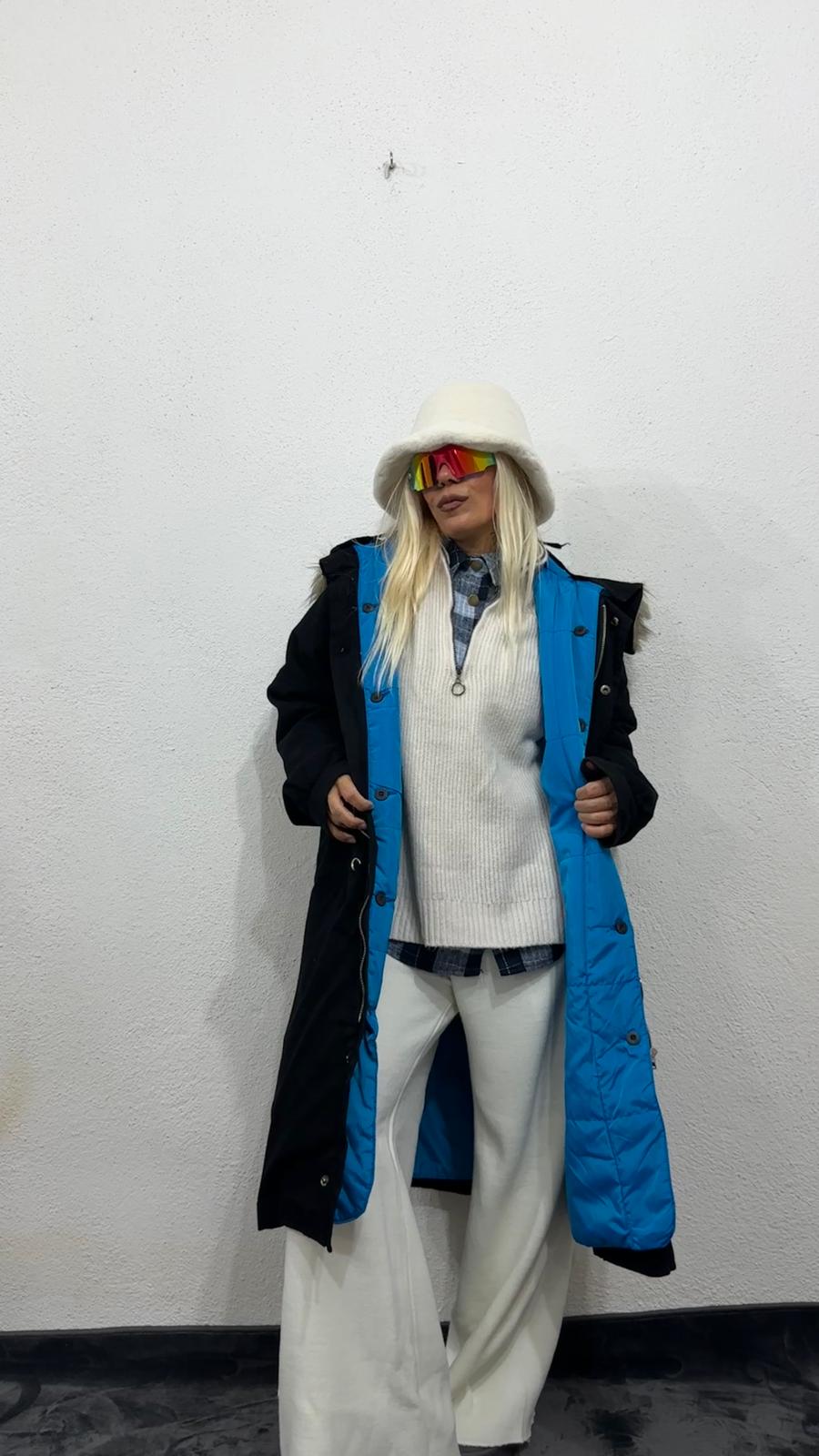 NuNu By Noir Siyah Tüylü Kapüşonlu Oversize Gabardin Mont