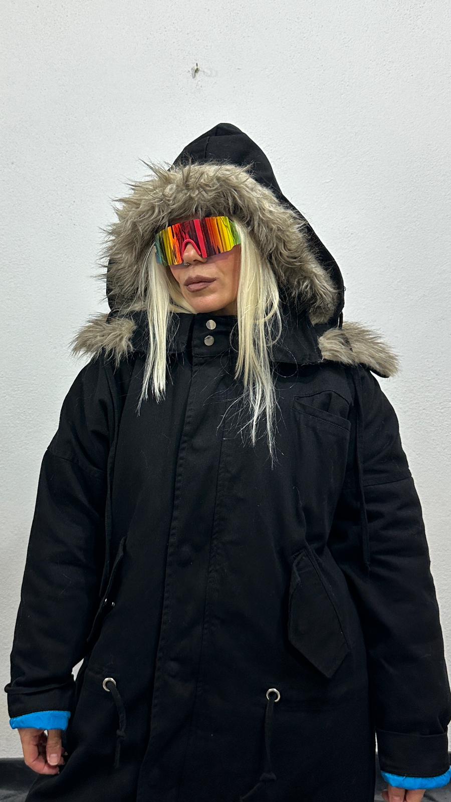 NuNu By Noir Siyah Tüylü Kapüşonlu Oversize Gabardin Mont