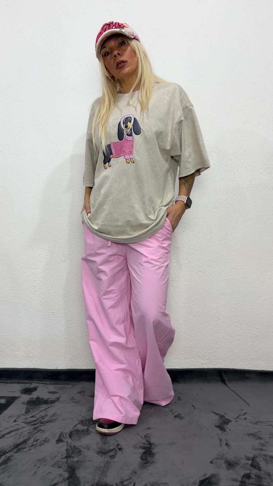 NuNu By Oversize Pembe Köpek Baskılı Taş Yıkama T-Shirt