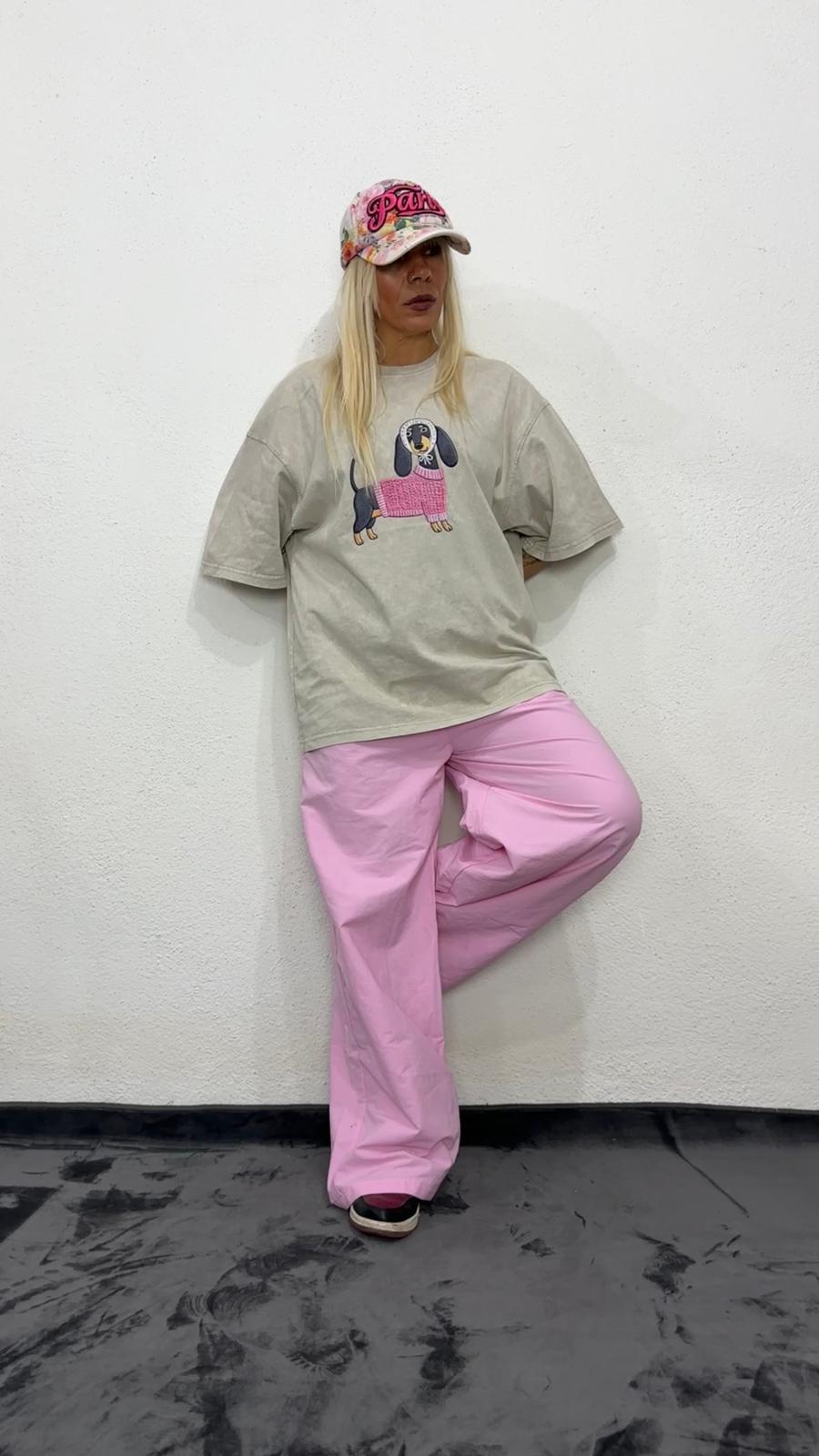 NuNu By Oversize Pembe Köpek Baskılı Taş Yıkama T-Shirt Standart