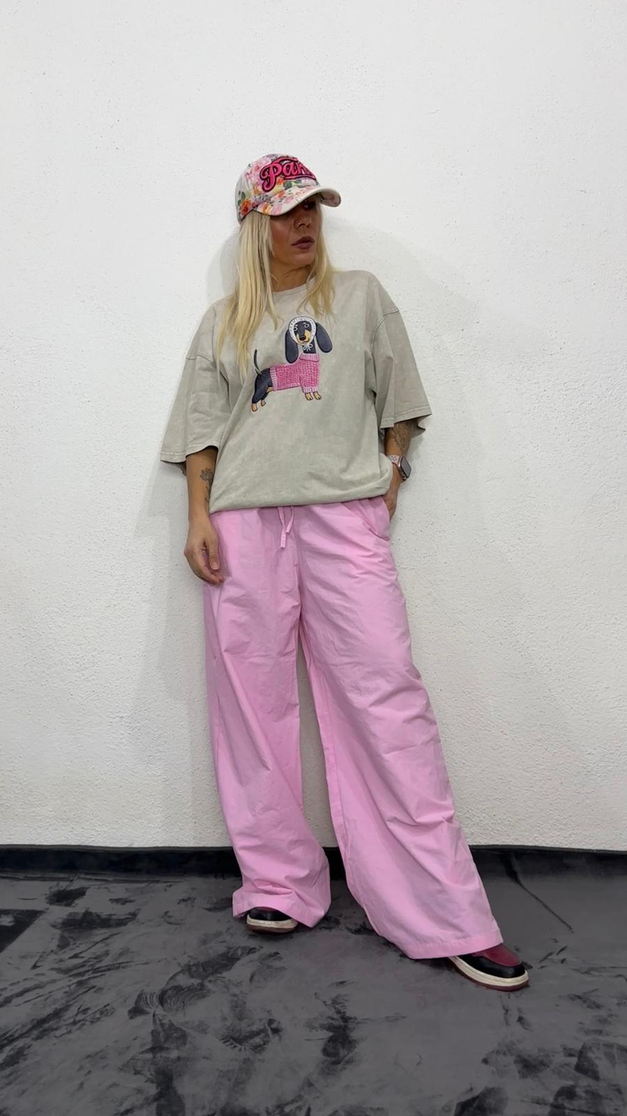 NuNu By Oversize Pembe Köpek Baskılı Taş Yıkama T-Shirt