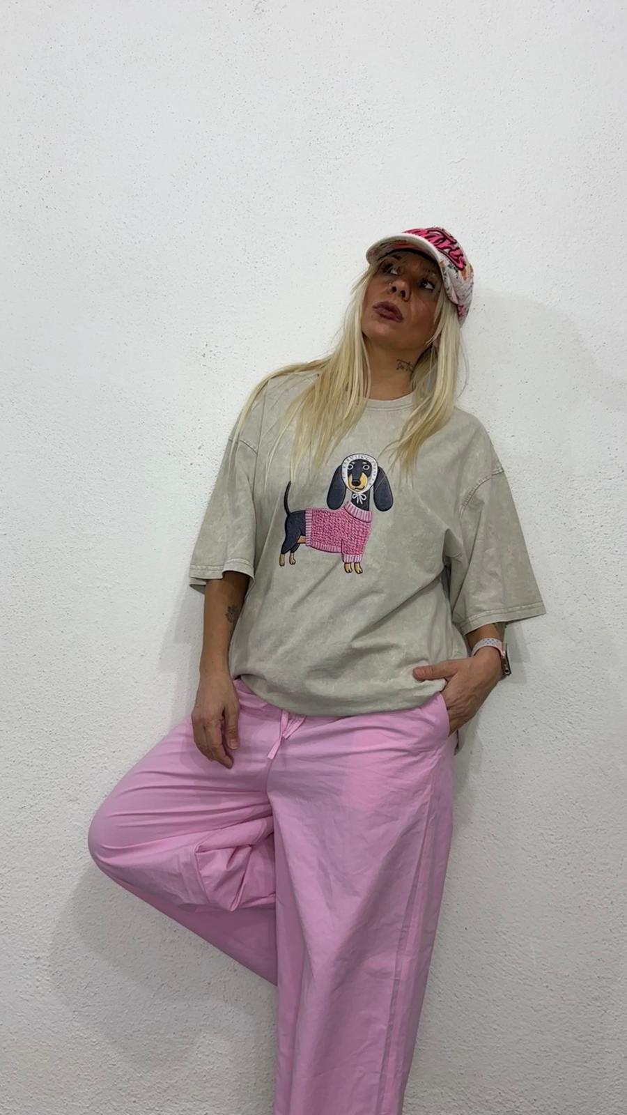 NuNu By Oversize Pembe Köpek Baskılı Taş Yıkama T-Shirt