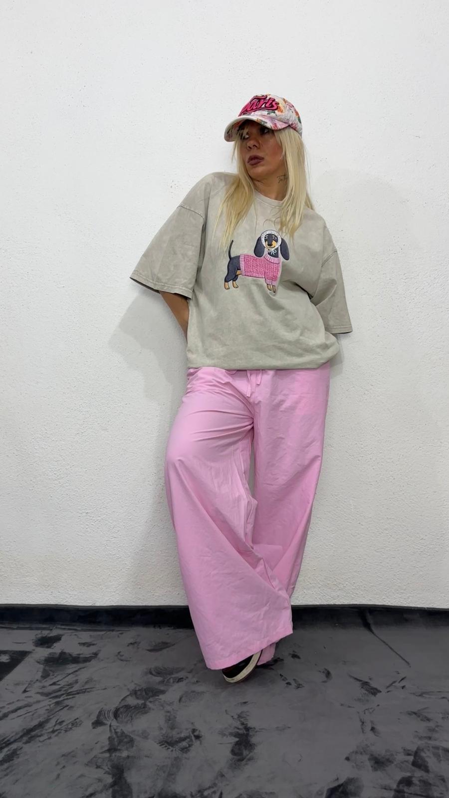 NuNu By Oversize Pembe Köpek Baskılı Taş Yıkama T-Shirt