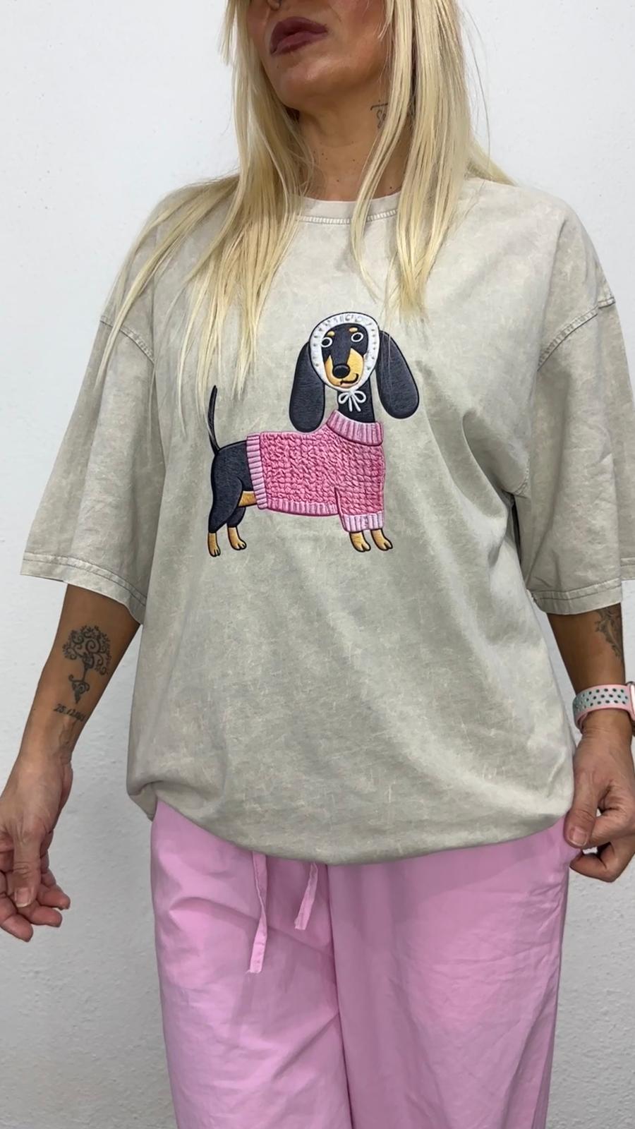 NuNu By Oversize Pembe Köpek Baskılı Taş Yıkama T-Shirt