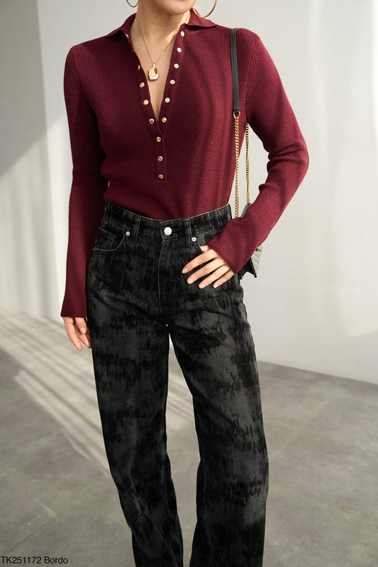 NuNu By QU Élise Gold Button Bordo Polo Triko L