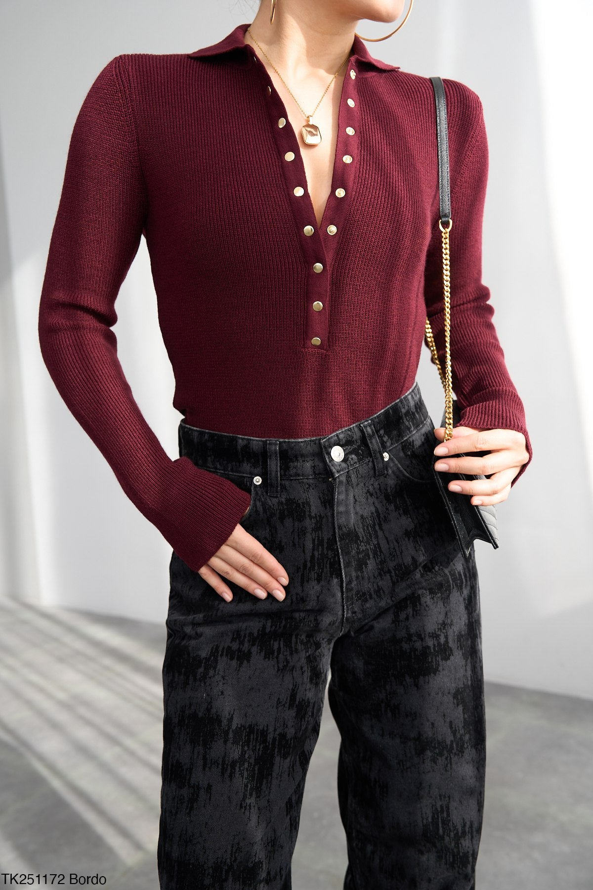 NuNu By QU Élise Gold Button Bordo Polo Triko