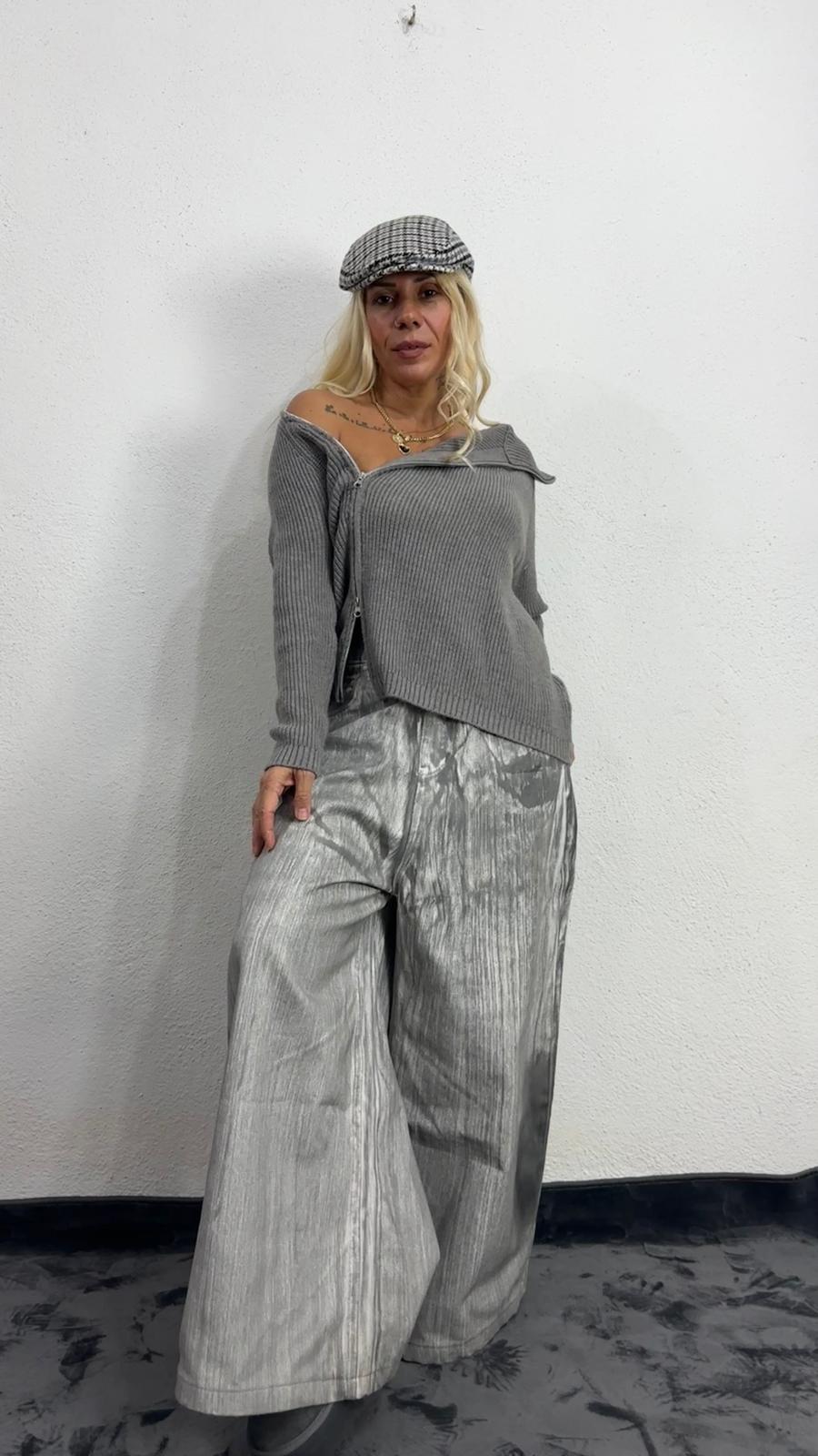 Nunu By Serenity Knit Gri Fermuarlı Kazak