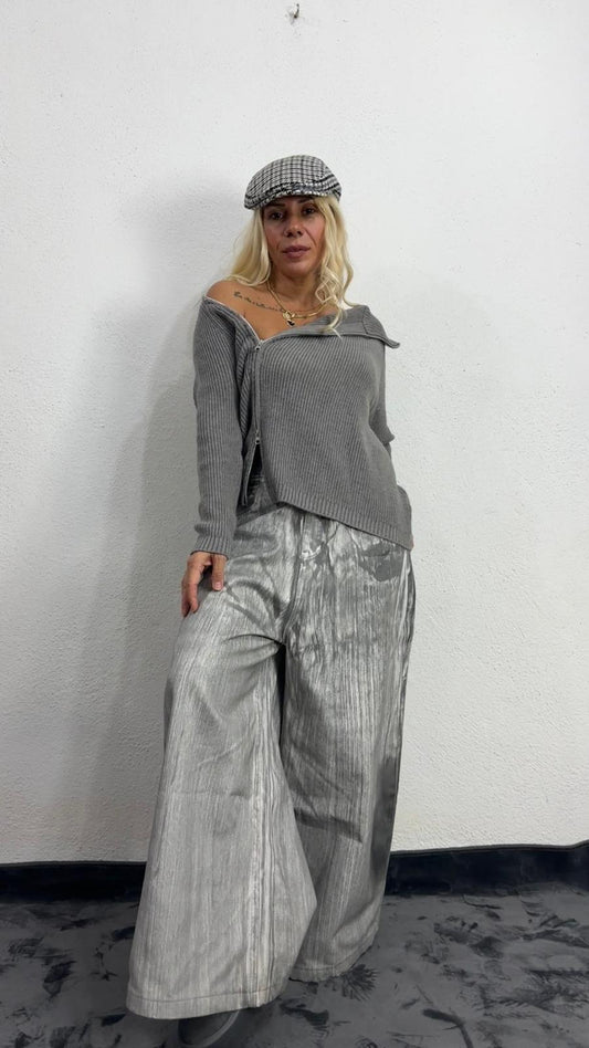 Nunu By Serenity Knit Gri Fermuarlı Kazak