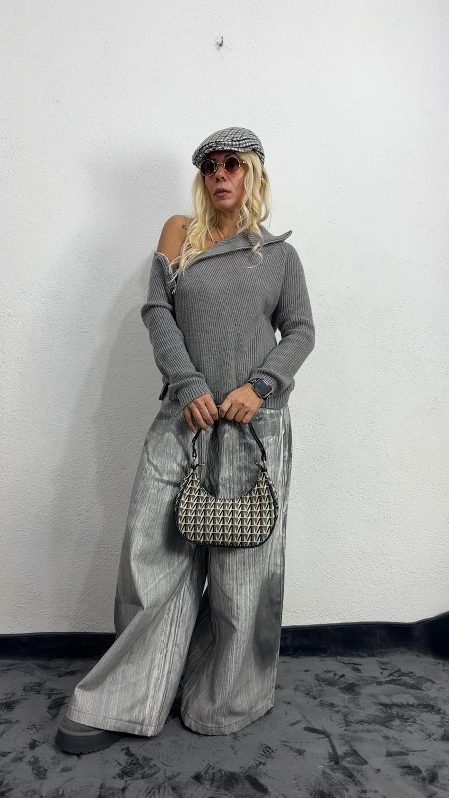 Nunu By Serenity Knit Gri Fermuarlı Kazak