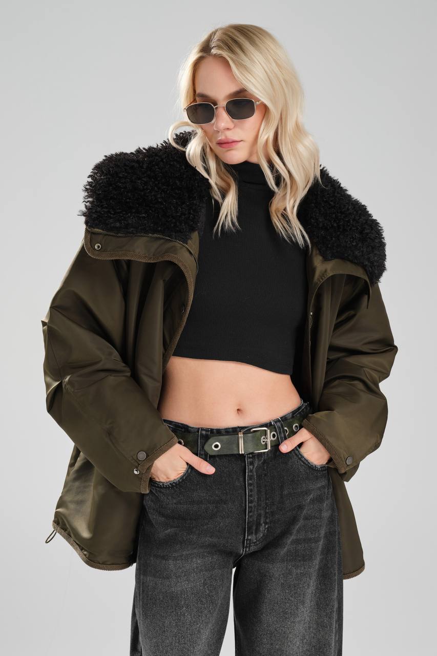 NuNu By TW Haki Peluş Yaka Kadın Parka