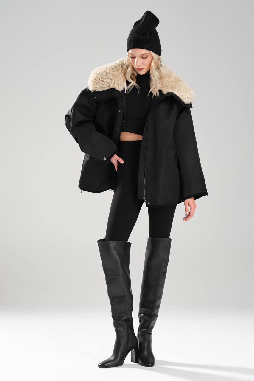 NuNu By TW Siyah Peluş Yaka Kadın Parka