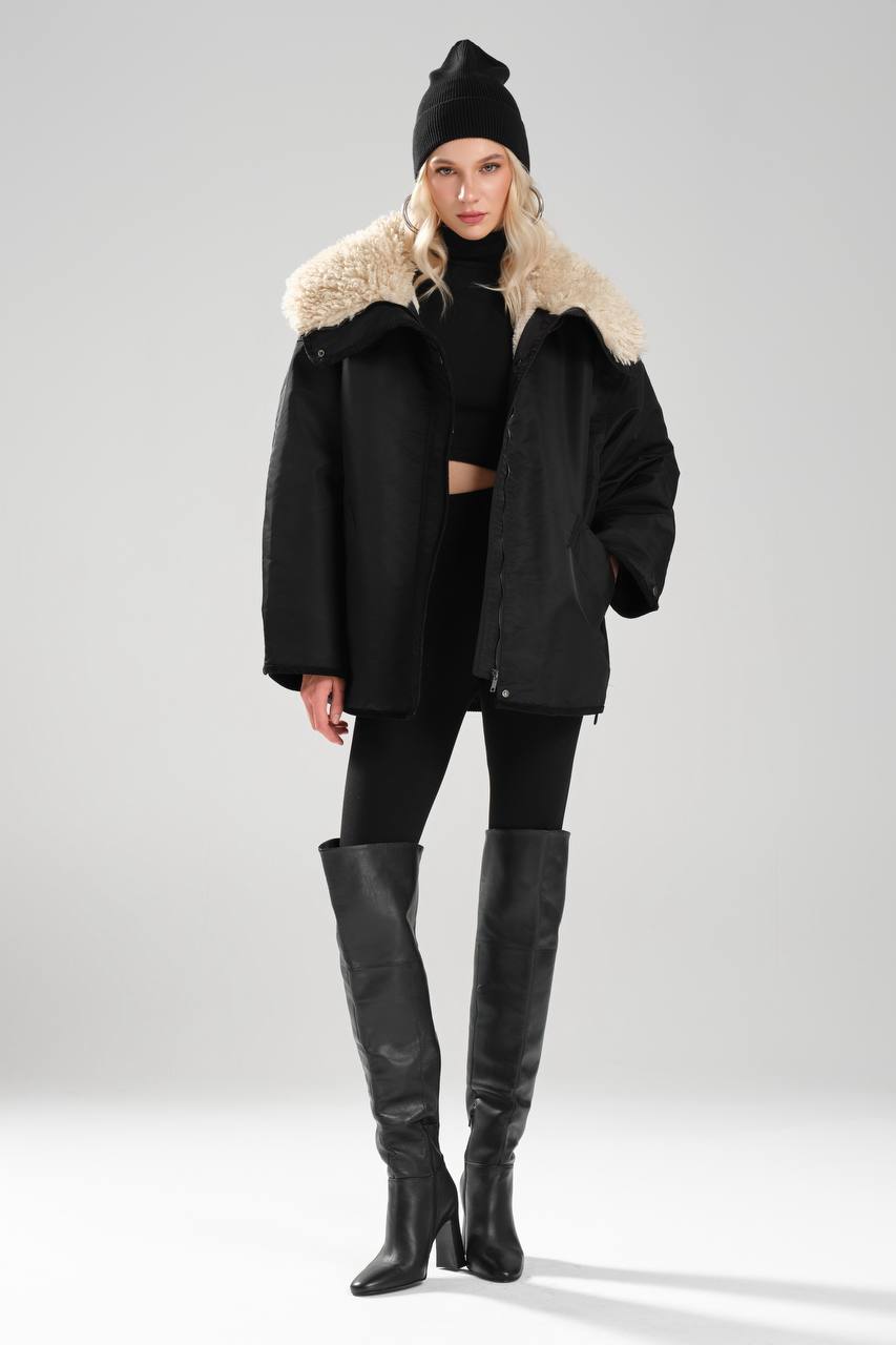NuNu By TW Siyah Peluş Yaka Kadın Parka