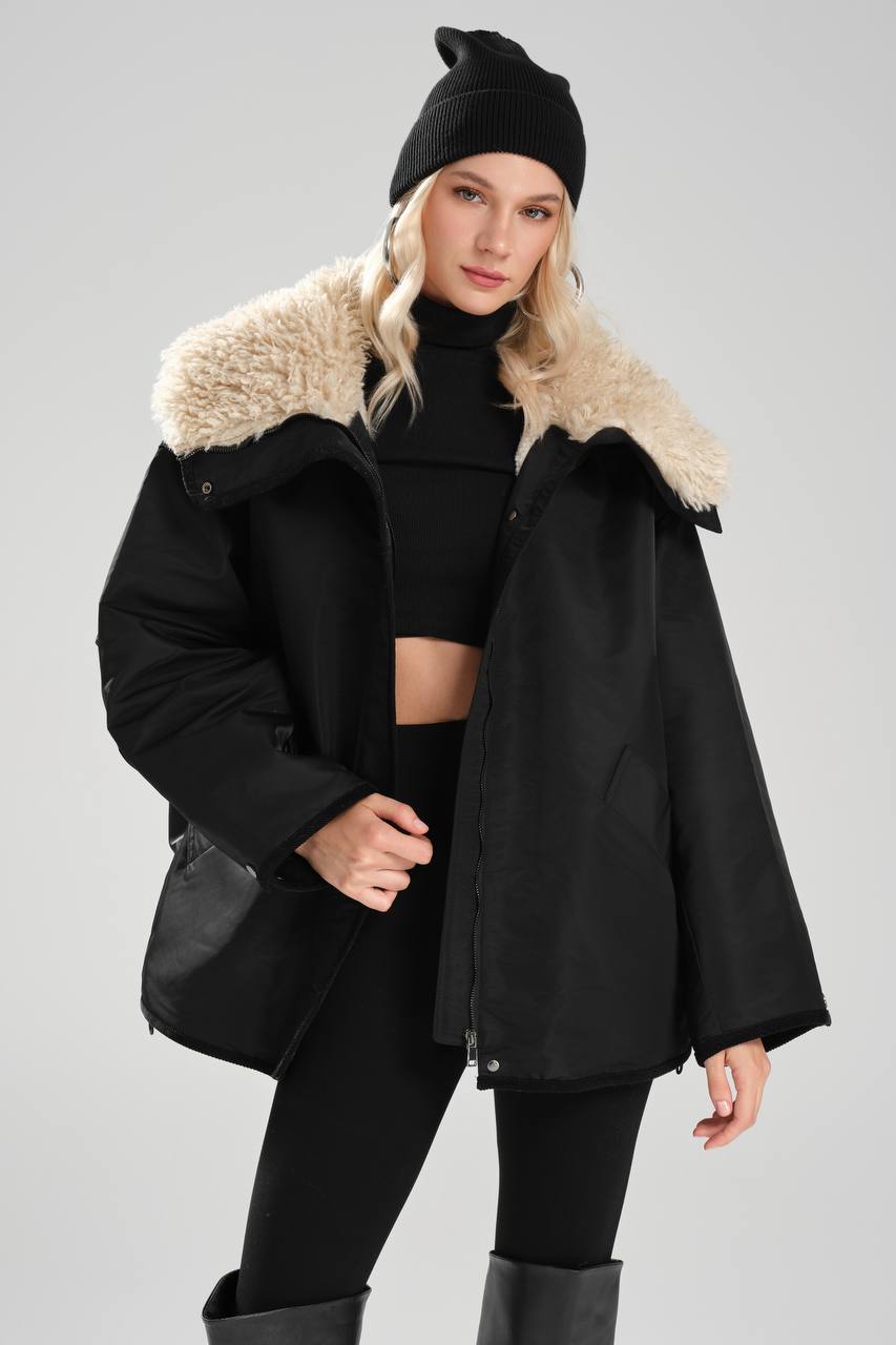 NuNu By TW Siyah Peluş Yaka Kadın Parka
