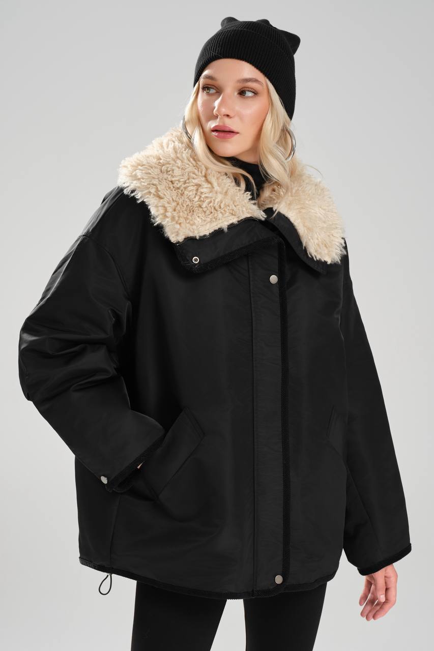 NuNu By TW Siyah Peluş Yaka Kadın Parka
