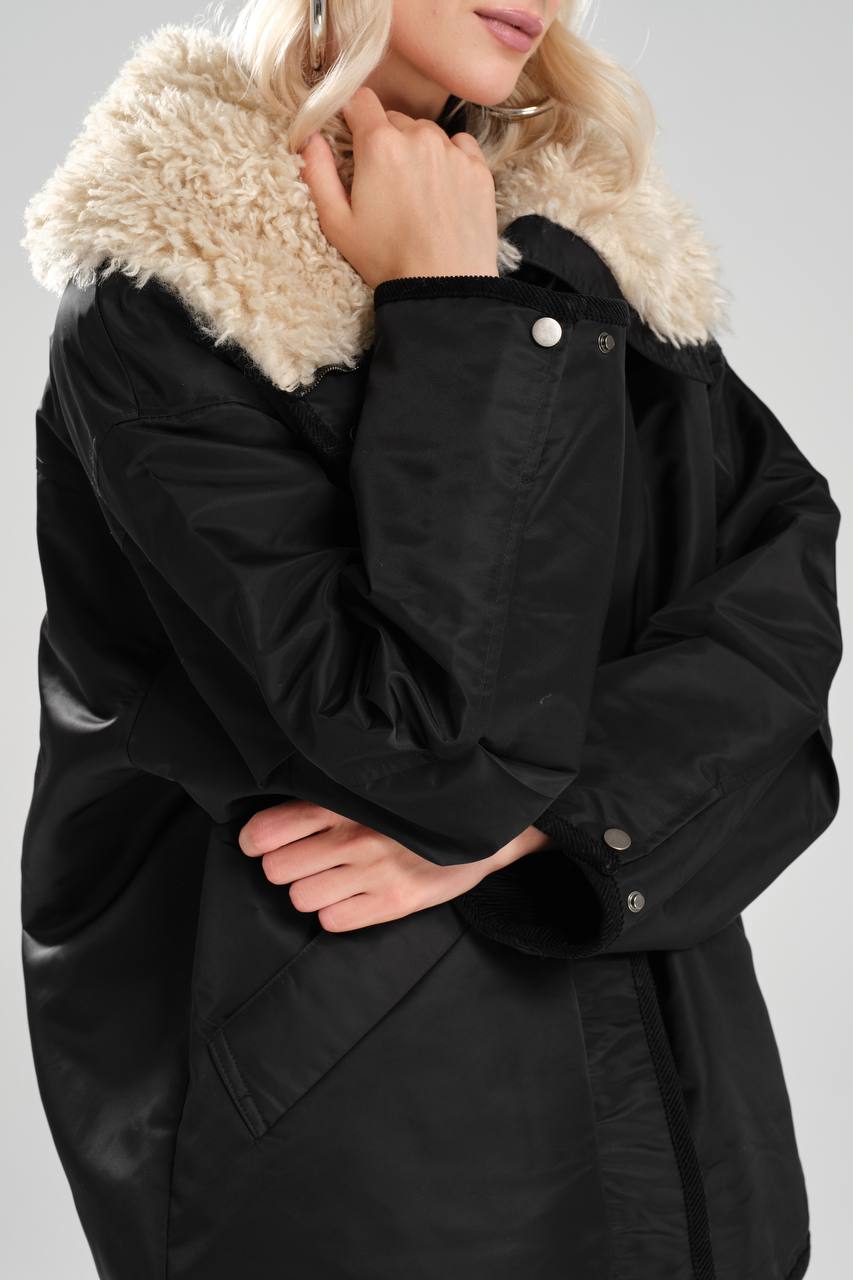 NuNu By TW Siyah Peluş Yaka Kadın Parka
