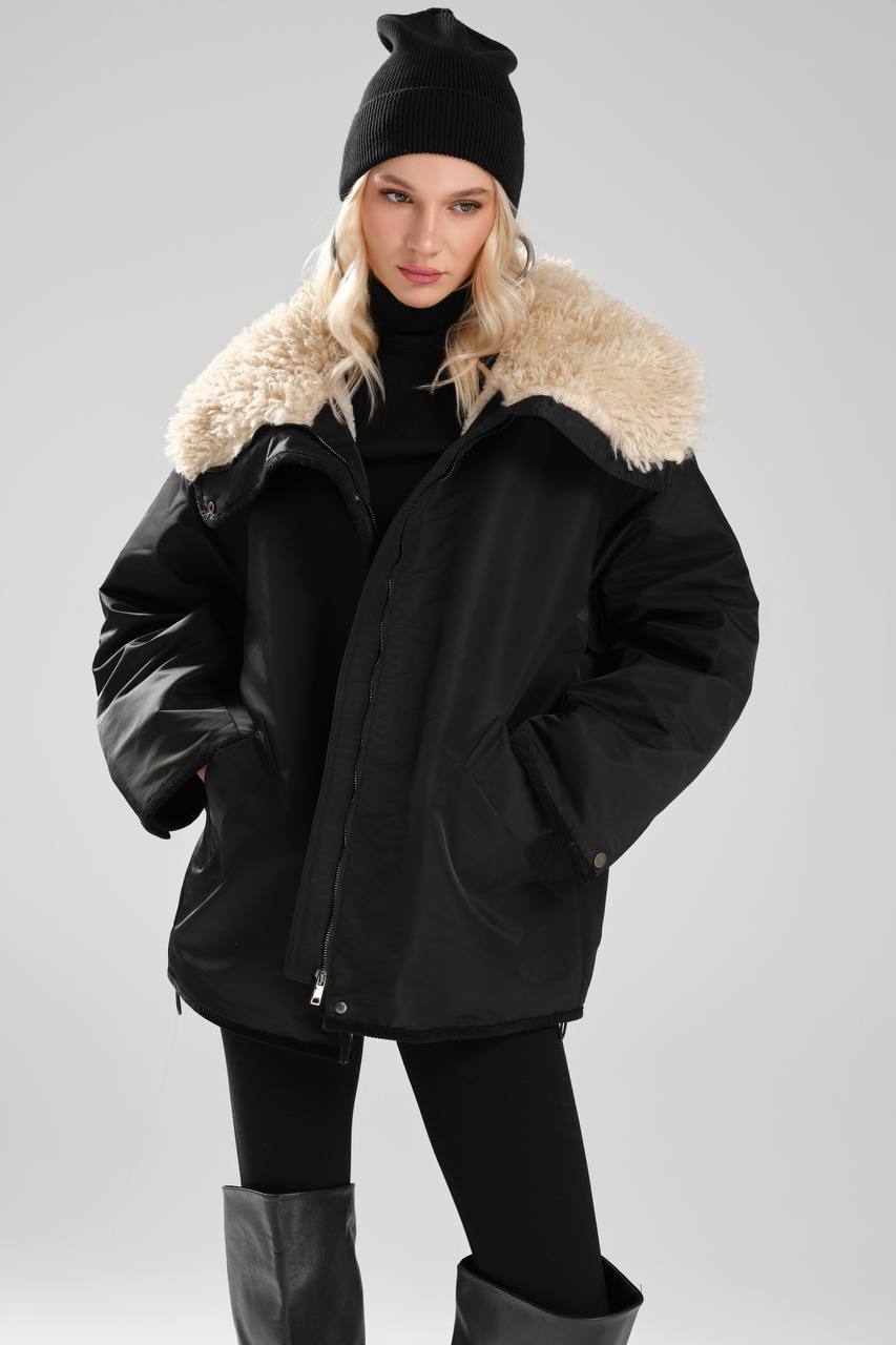 NuNu By TW Siyah Peluş Yaka Kadın Parka