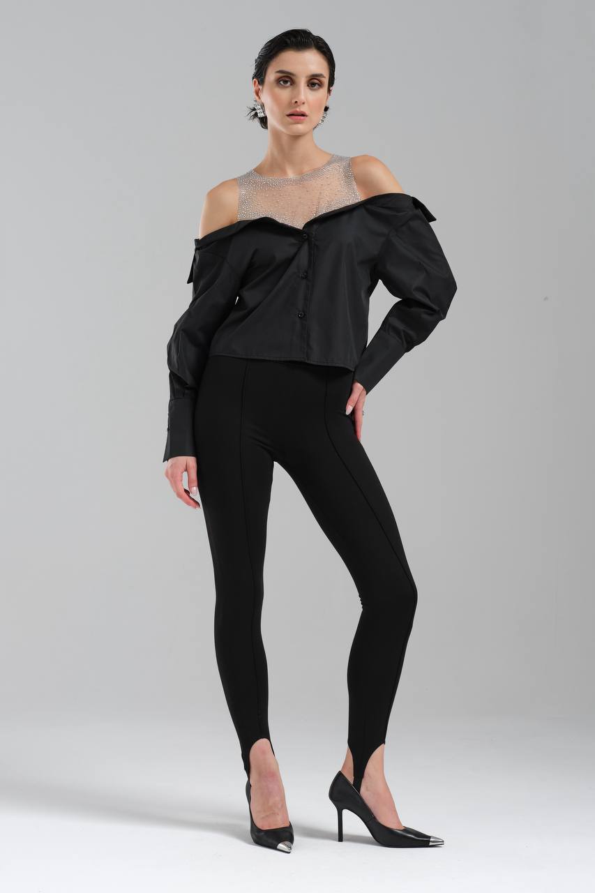 NuNu By TW Siyah Taşlı Omuz Açık Gömlek