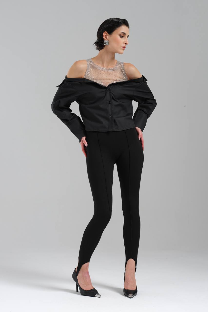 NuNu By TW Siyah Taşlı Omuz Açık Gömlek