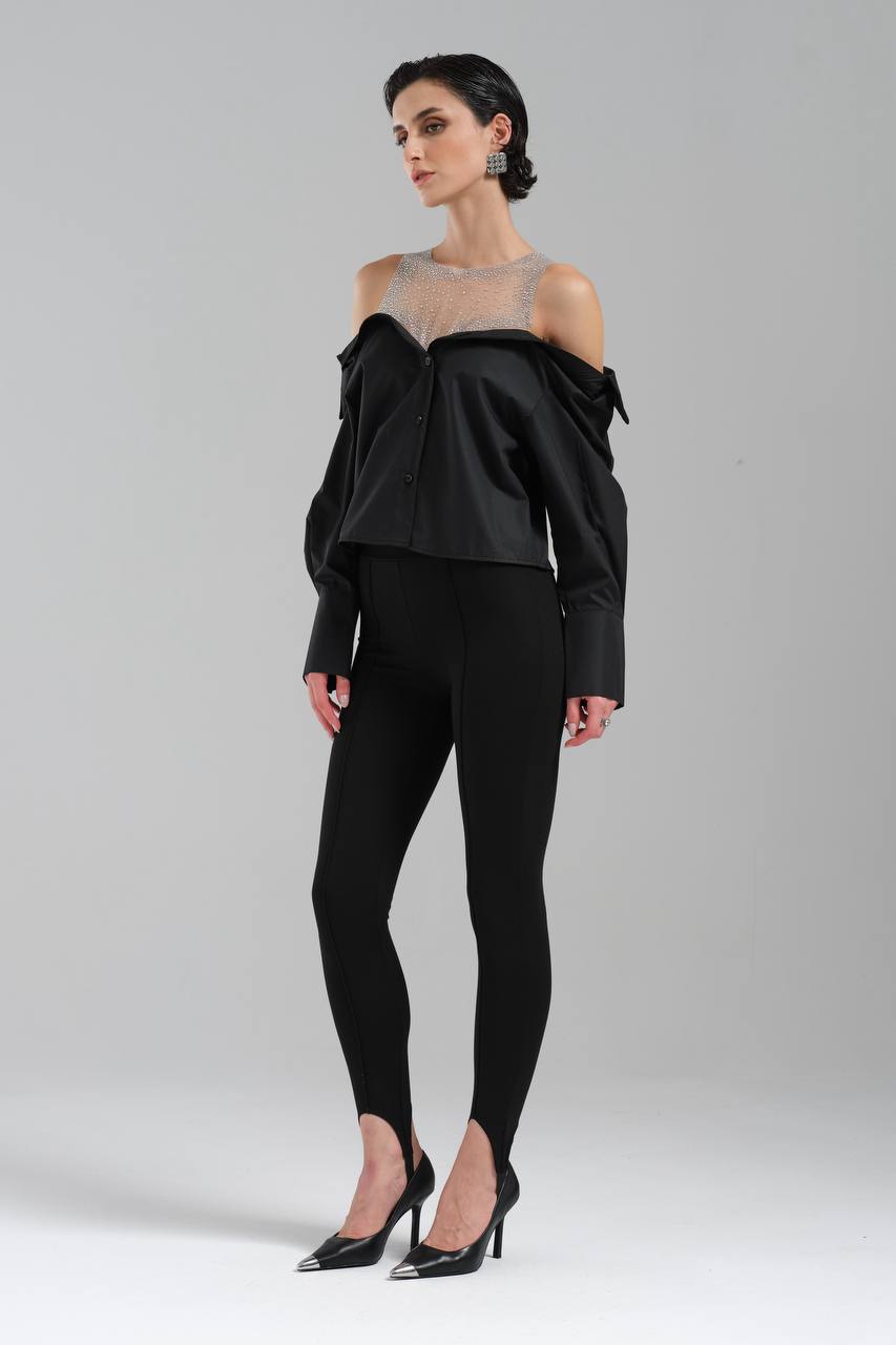 NuNu By TW Siyah Taşlı Omuz Açık Gömlek