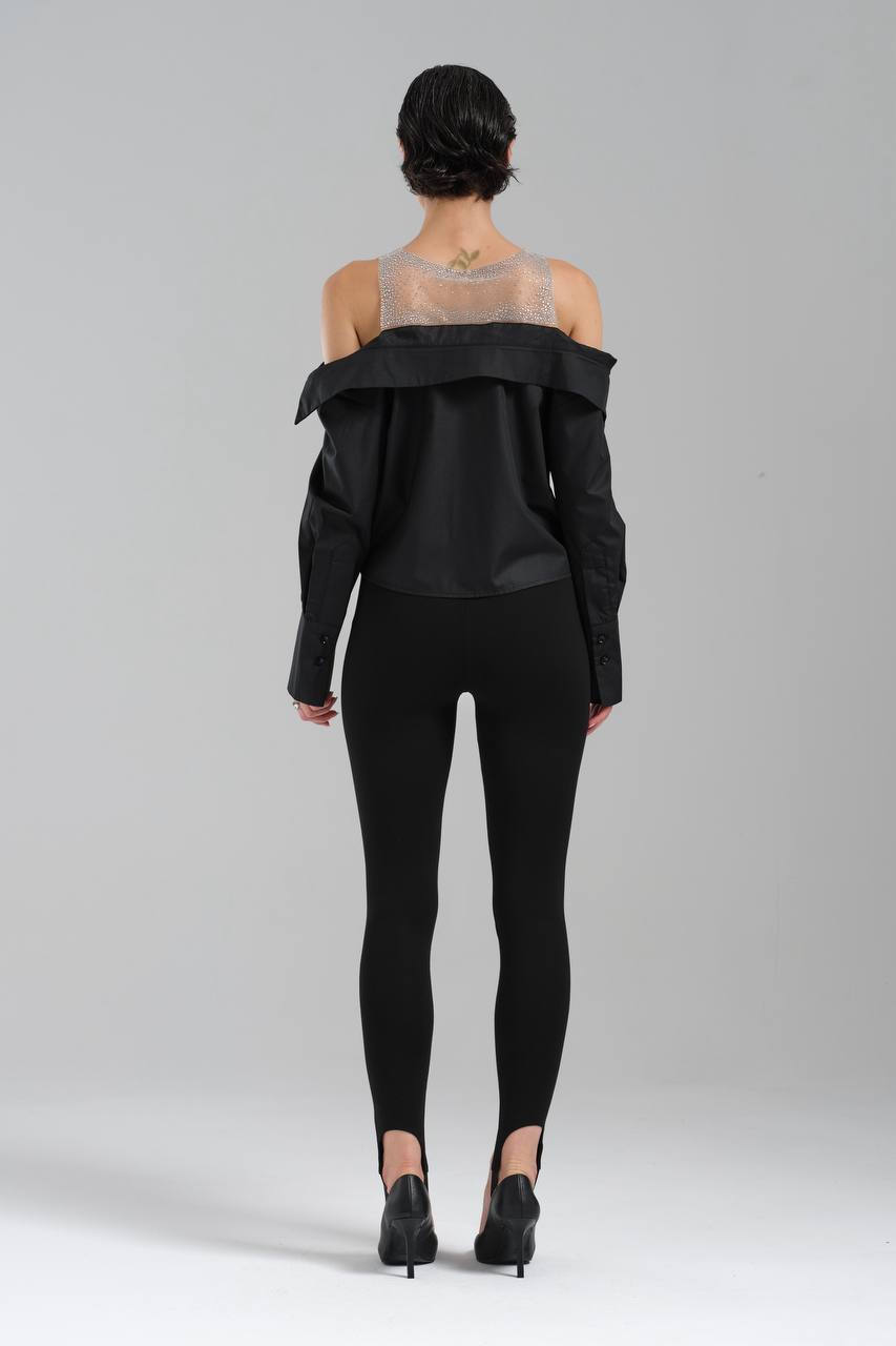 NuNu By TW Siyah Taşlı Omuz Açık Gömlek