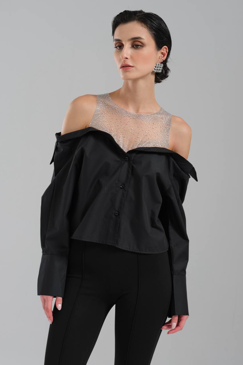 NuNu By TW Siyah Taşlı Omuz Açık Gömlek