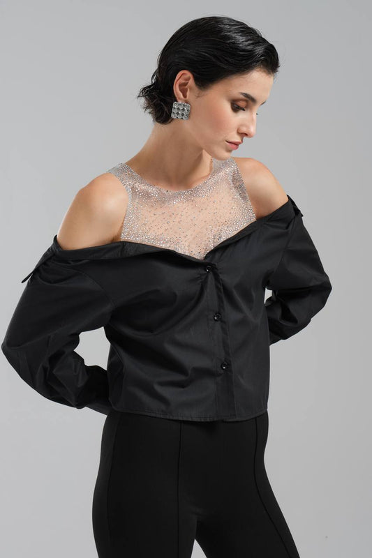 NuNu By TW Siyah Taşlı Omuz Açık Gömlek