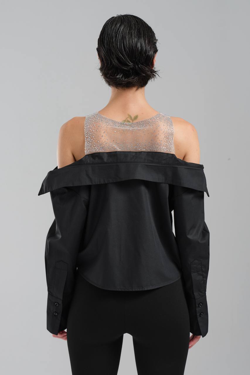 NuNu By TW Siyah Taşlı Omuz Açık Gömlek