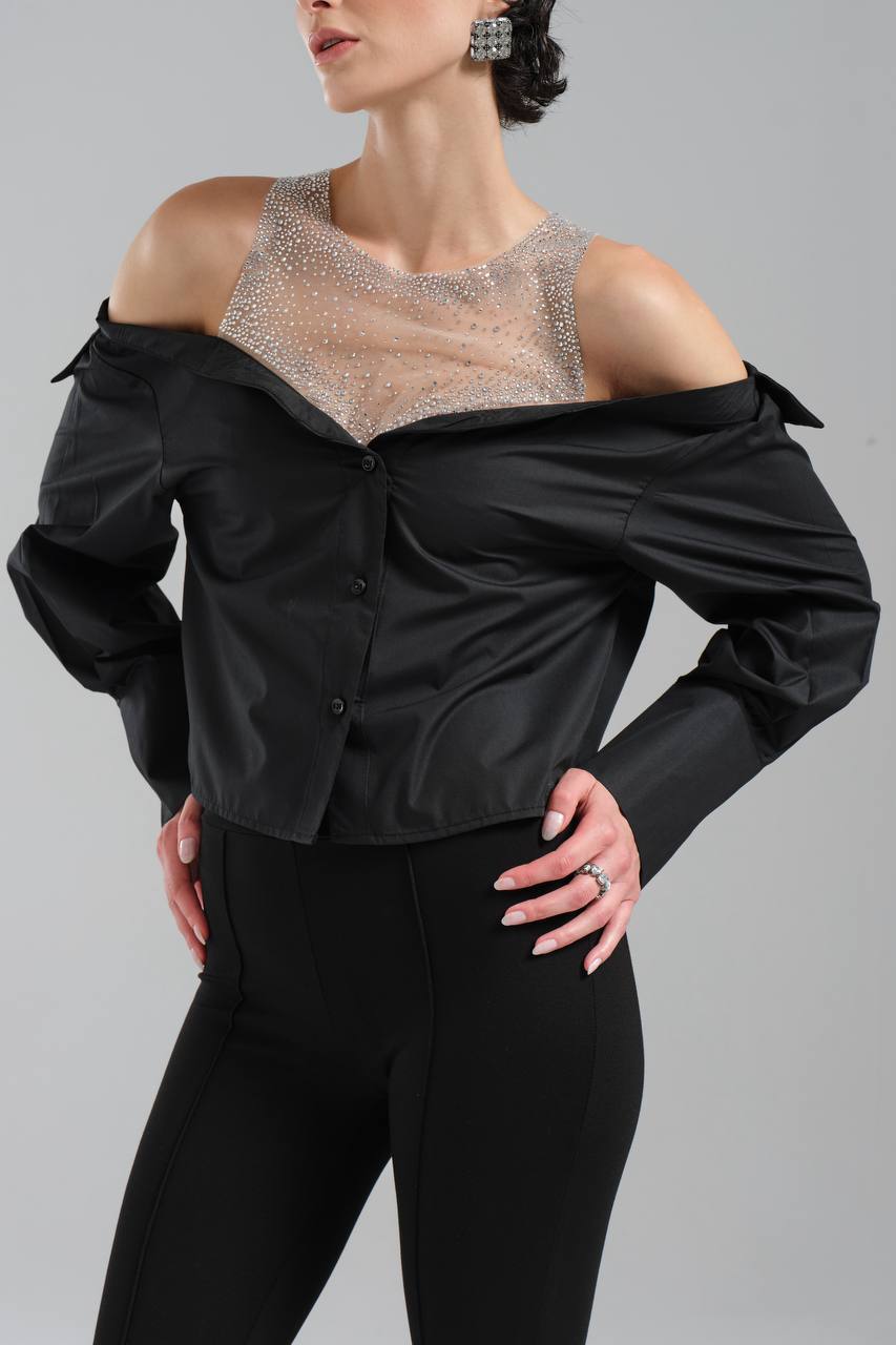 NuNu By TW Siyah Taşlı Omuz Açık Gömlek