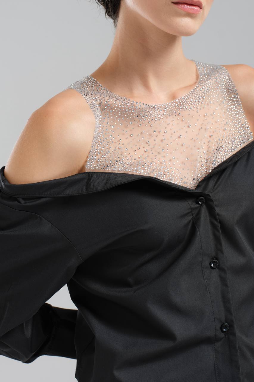 NuNu By TW Siyah Taşlı Omuz Açık Gömlek