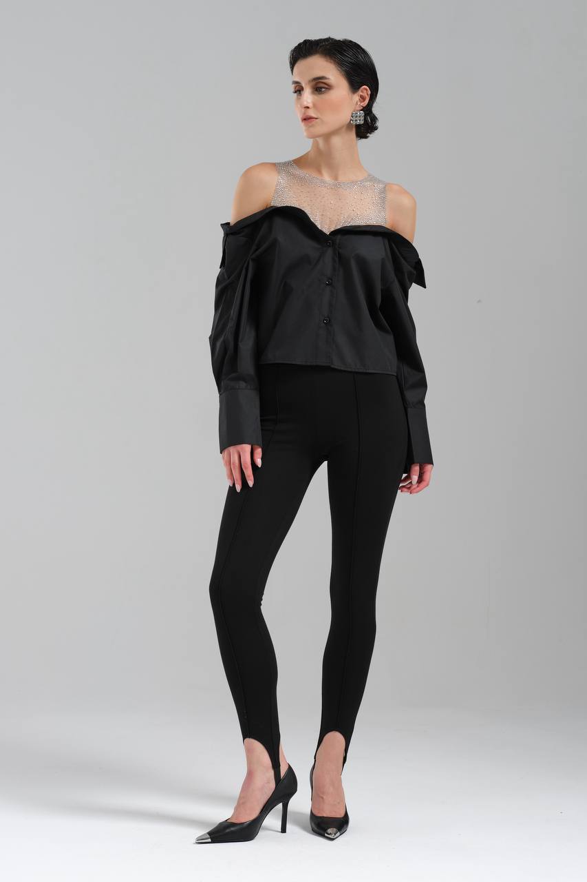 NuNu By TW Siyah Taşlı Omuz Açık Gömlek