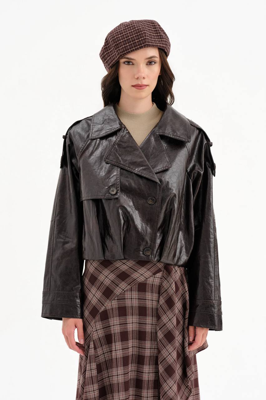 NuNu By TW Vintage Crop Suni Deri Kadın Ceket Koyu Kahve