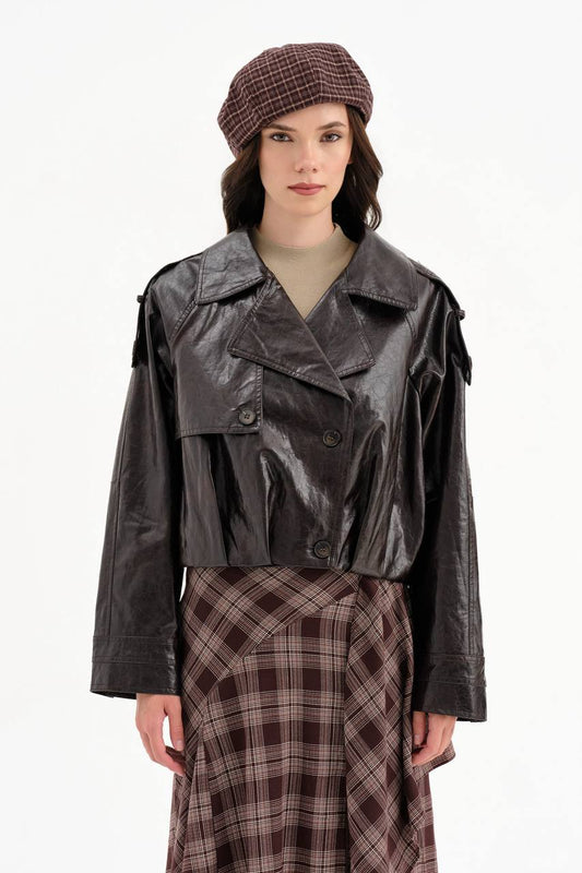 NuNu By TW Vintage Crop Suni Deri Kadın Ceket Koyu Kahve